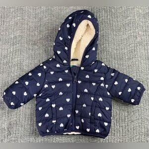 3/$10 Mighty Goods Baby Girl Blue Hooded Winter Puffer Coat White Hearts NEWBORN